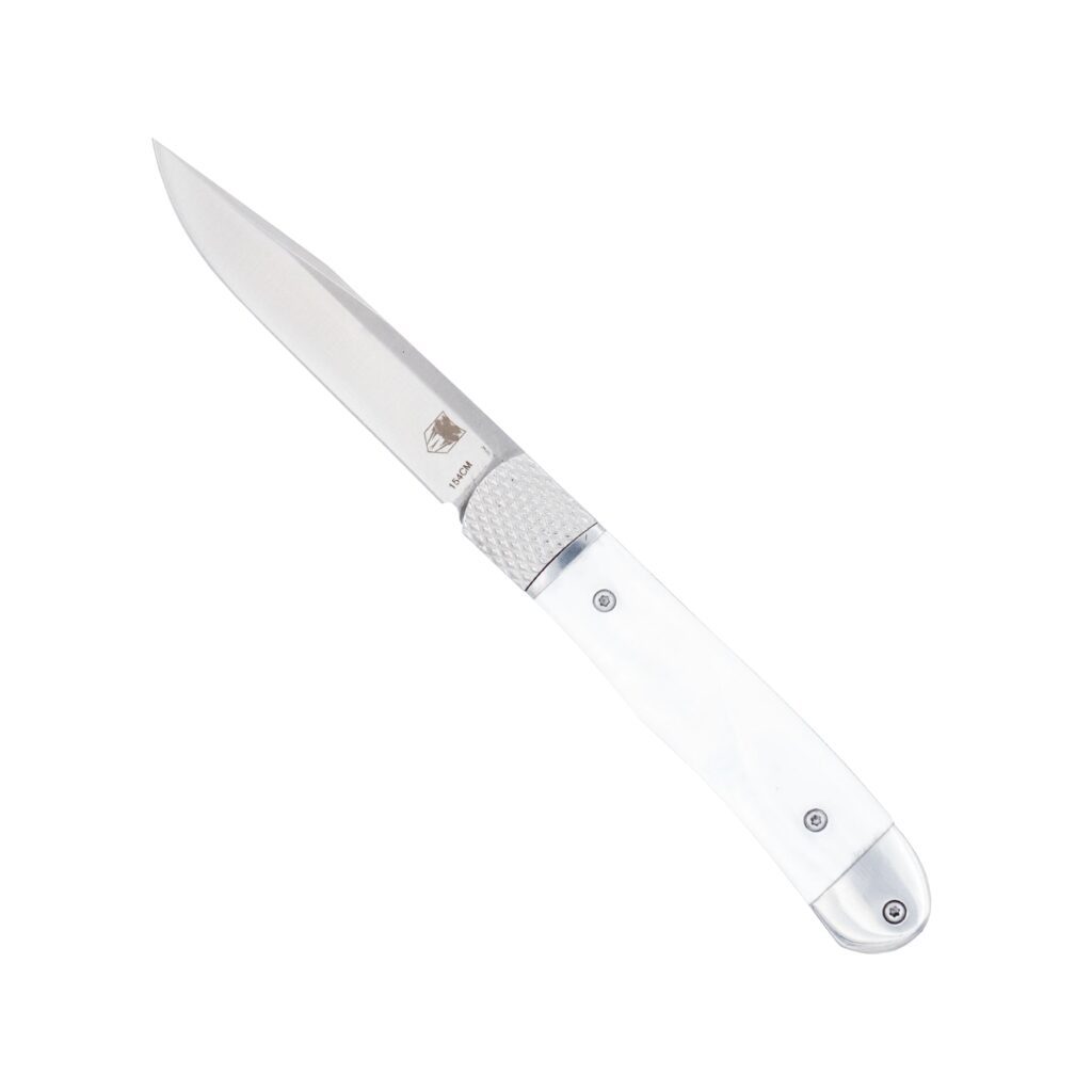 Trapper Hidden Release White Abalone with 154CM | CobraTec Knives